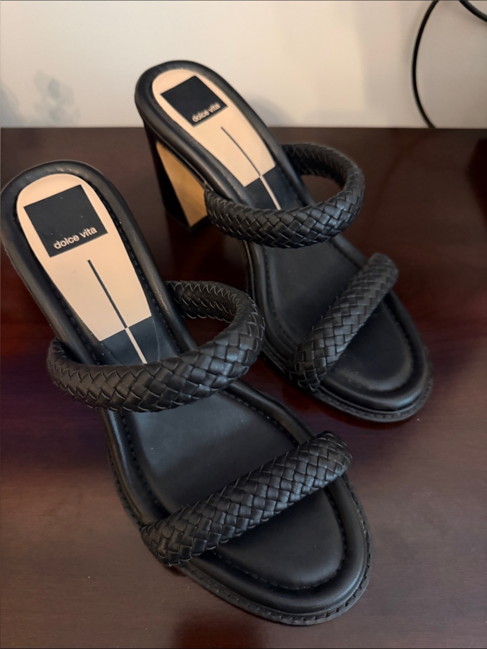Dolce Vita Black Braided Double-Strap Block Heel Sandals
